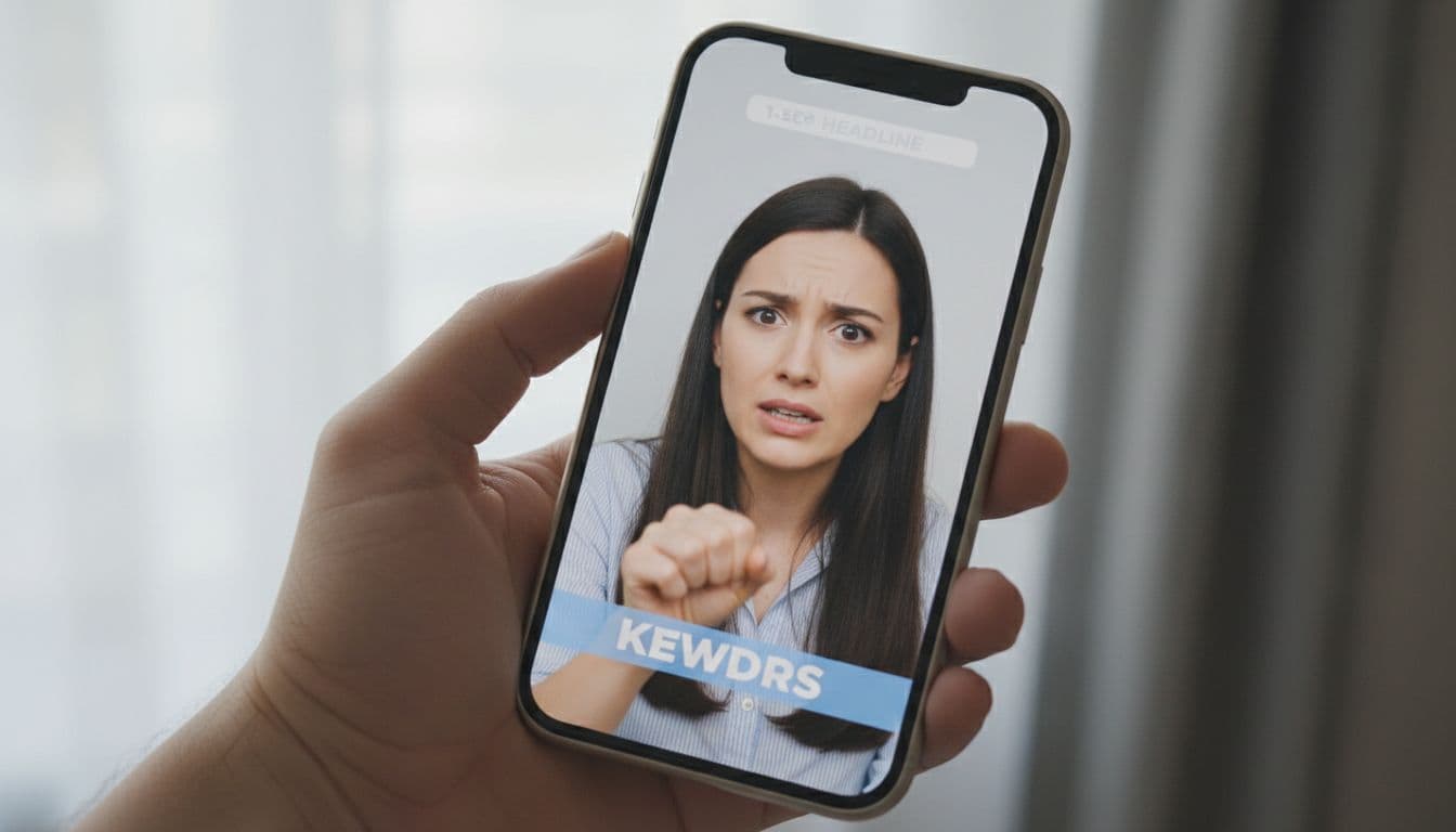 Smartphone screen held in relaxed hand displaying a vertical 9:16 YouTube Short frame with centered emotional talking head, prominent hand gesture, bold bottom captions, faint top headline, and subtle motion blur on pointing finger for loopable ending, in realistic photo style.