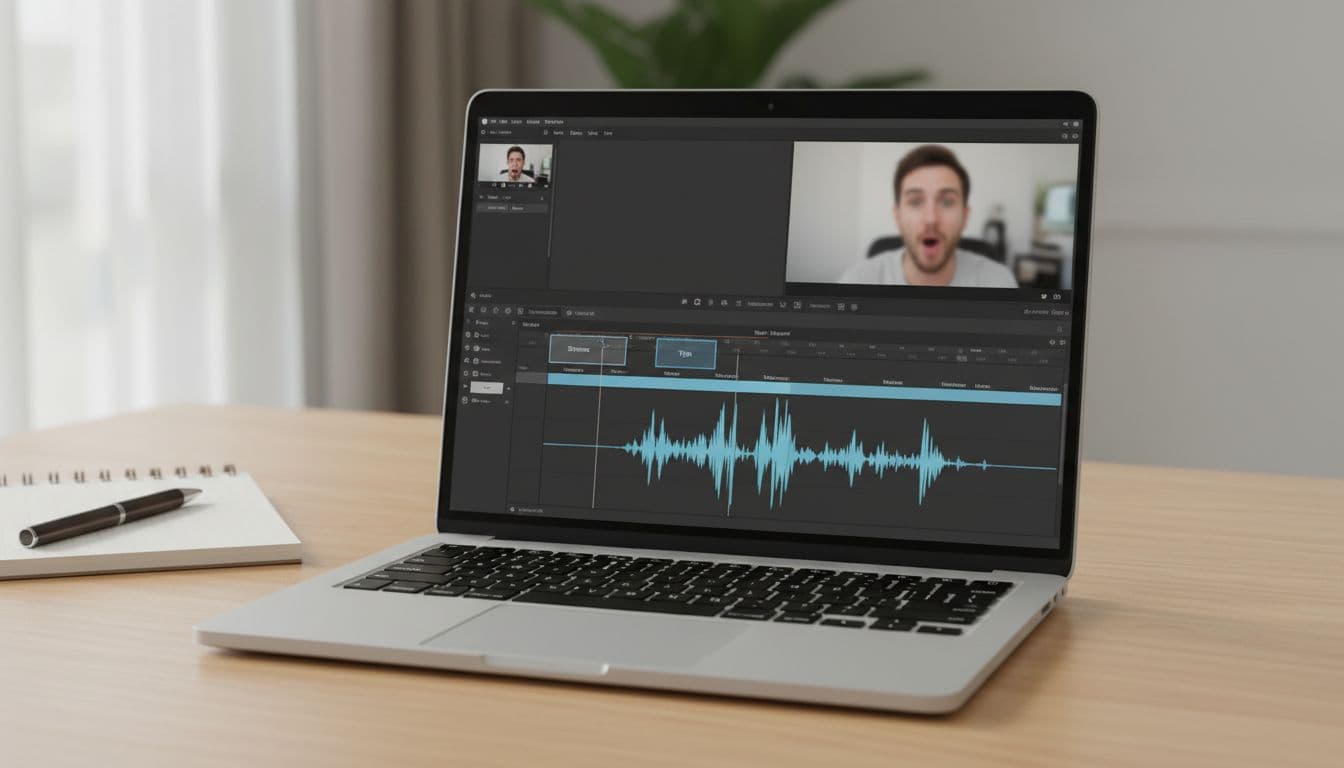 Realistic photo of a single laptop on a wooden desk with notebook nearby, screen showing modern video editing software timeline featuring clear audio waveforms with strong peaks, chapter markers for segments like stories tips and mistakes, and preview window with talking head footage under natural window light.