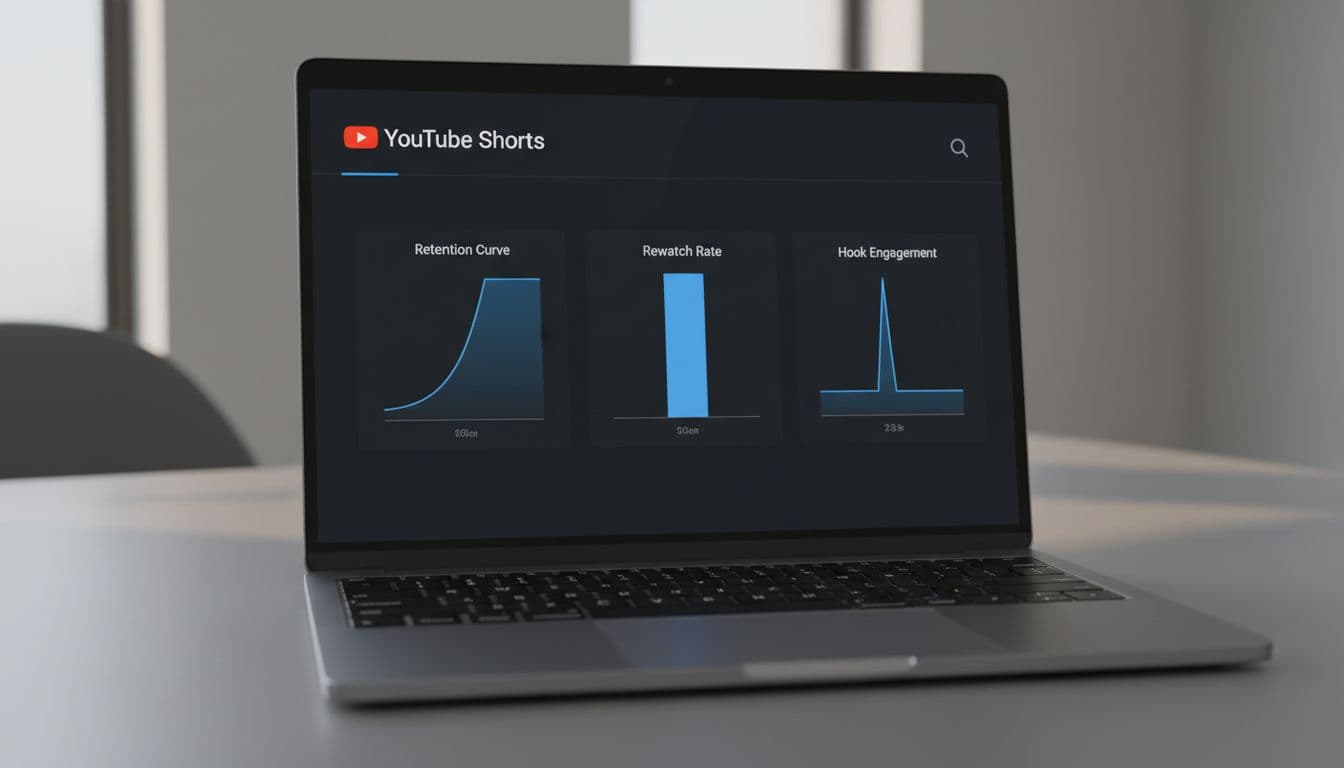 Clean professional dark mode YouTube analytics dashboard on a laptop screen focusing on Shorts performance, featuring graphs for high retention curve, rewatch rate, and hook engagement spike.