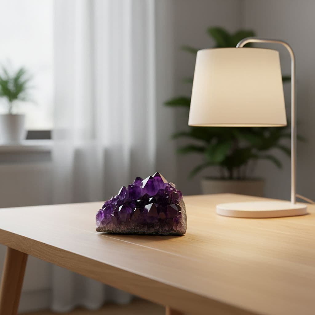 A single polished amethyst crystal sits on a light wooden surface beside a soft glowing lamp.