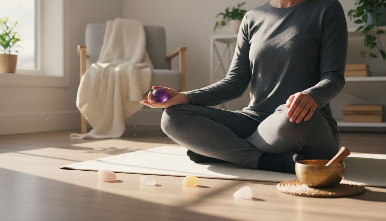 A person in comfortable yoga clothes sits cross-legged on a yoga mat in a cozy living room, holding a smooth amethyst crystal with relaxed hands, surrounded by scattered rose quartz, citrine, and a singing bowl in soft daylight.