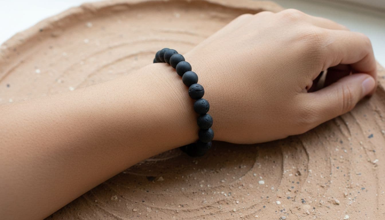 Close-up of matte black tourmaline bead bracelet on single relaxed wrist.Black tourmaline is a go-to pick for grounding. Many wearers like it when life feels loud, crowded, or tense, because it's often associated with protection and steadiness.
That makes it a strong match for work stress, packed commutes, or environments that drain you fast. In bracelet form, black tourmaline stays close all day, which helps when you need a physical reminder to come back to yourself instead of absorbing every outside pressure.