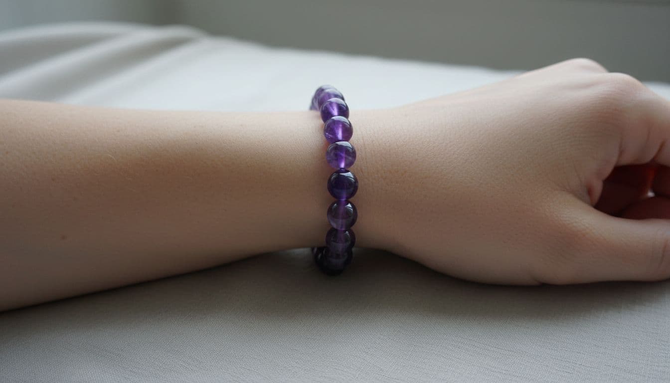 Purple amethyst bead bracelet on a single relaxed wrist in soft natural light.