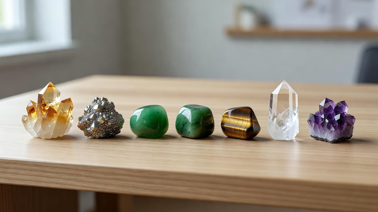 A collection of seven distinct raw crystals, including citrine, pyrite, and amethyst, rests on a smooth wooden desk. These minerals are arranged neatly to represent intentions for success and abundance.