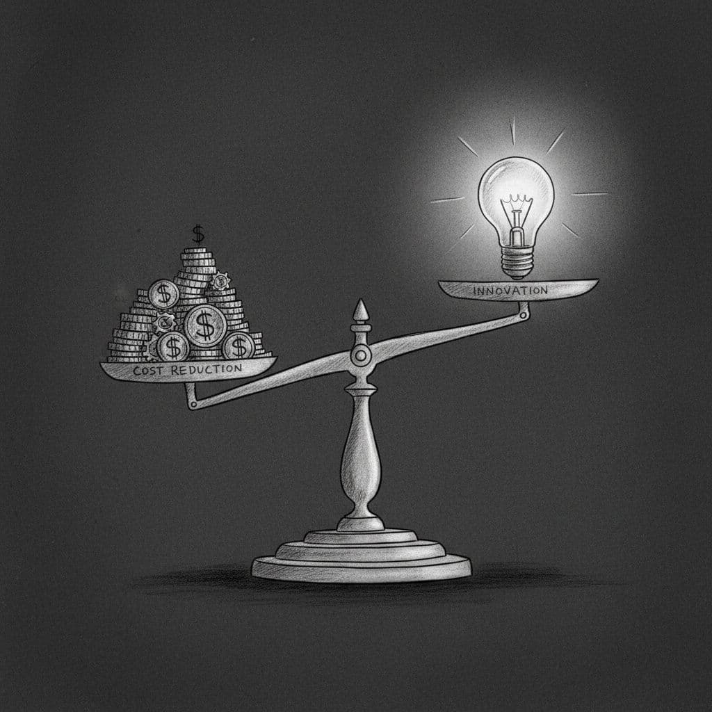 A graphite sketch of a balance scale weighing a pile of coins against a glowing lightbulb.