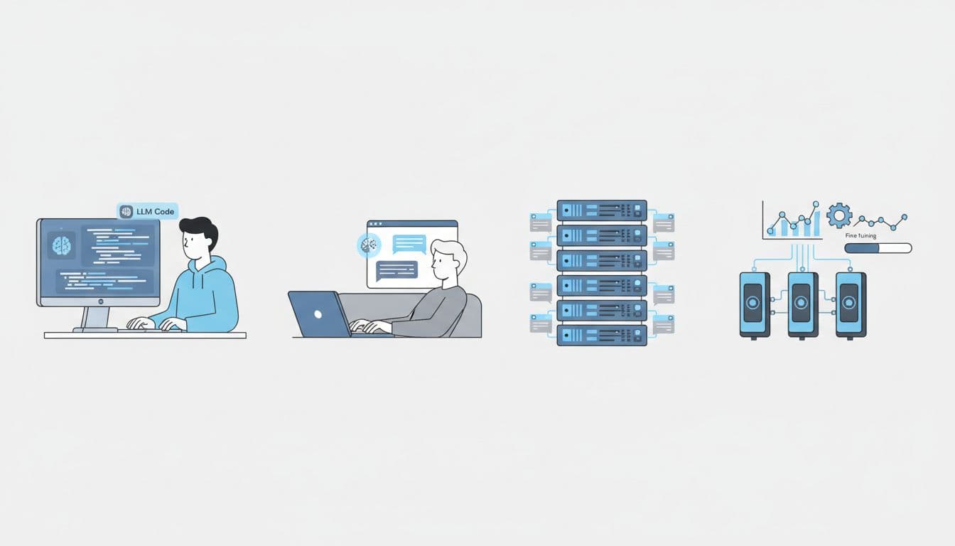 Modern clean illustration in blue-grey palette showing four panels: developer coding local LLM, user chatting with AI, server rack handling multiple chats, and GPU fine-tuning process.