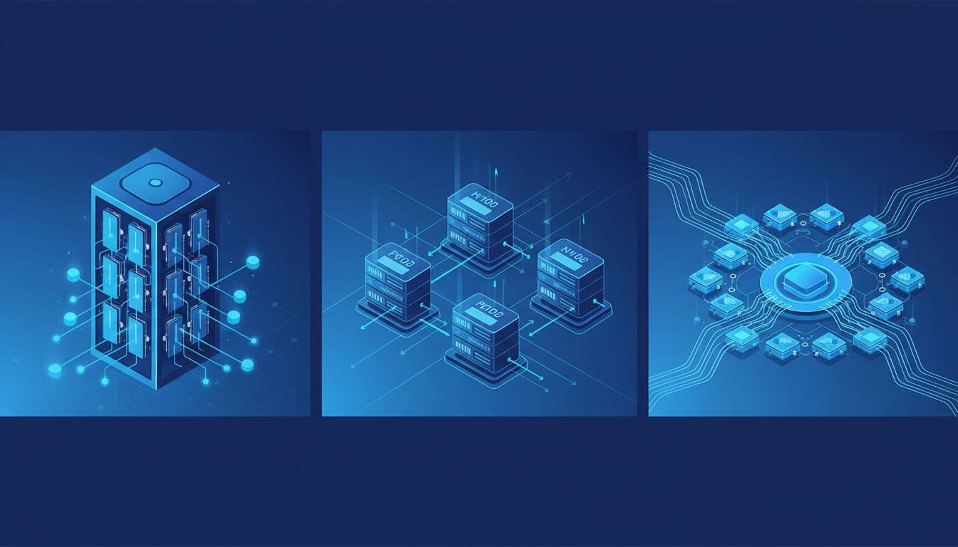 Modern clean illustration in blue tones showing three H100 GPU use cases: SXM5 cluster for training, PCIe for inference, and NVL for large memory models in a split landscape composition.
