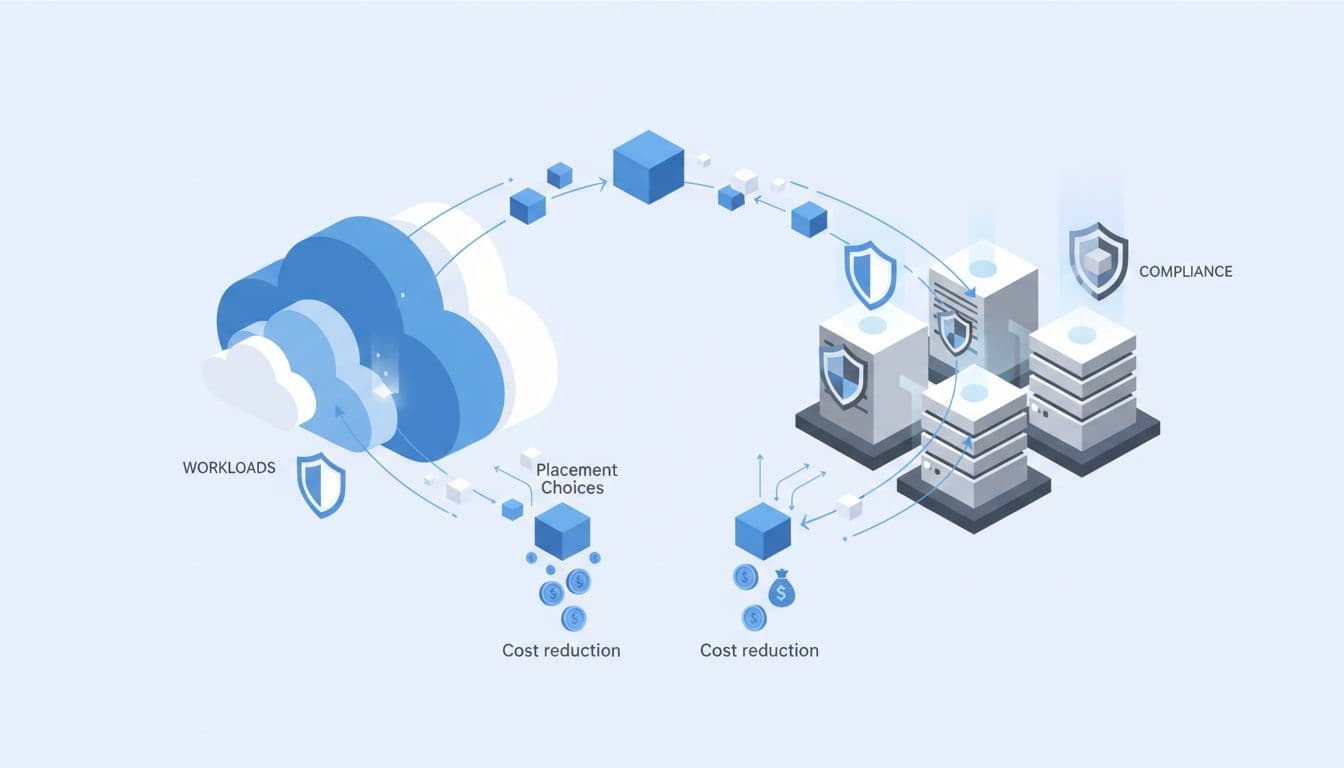 Modern illustration showing workloads migrating smoothly between clouds and on-premises sites, with cost icons dropping and compliance shields active, arrows indicating placement choices in a blue-grey palette.