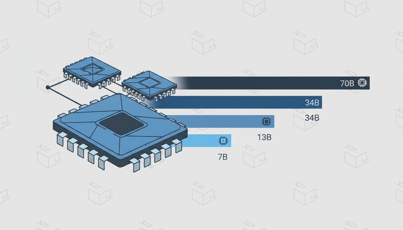 Clean modern illustration of a central GPU chip with rising VRAM meter bars for LLM models: short for 7B, medium for 13B, tall for 34B, and very tall spanning multiple GPUs for 70B, with quantization icons reducing bar heights.