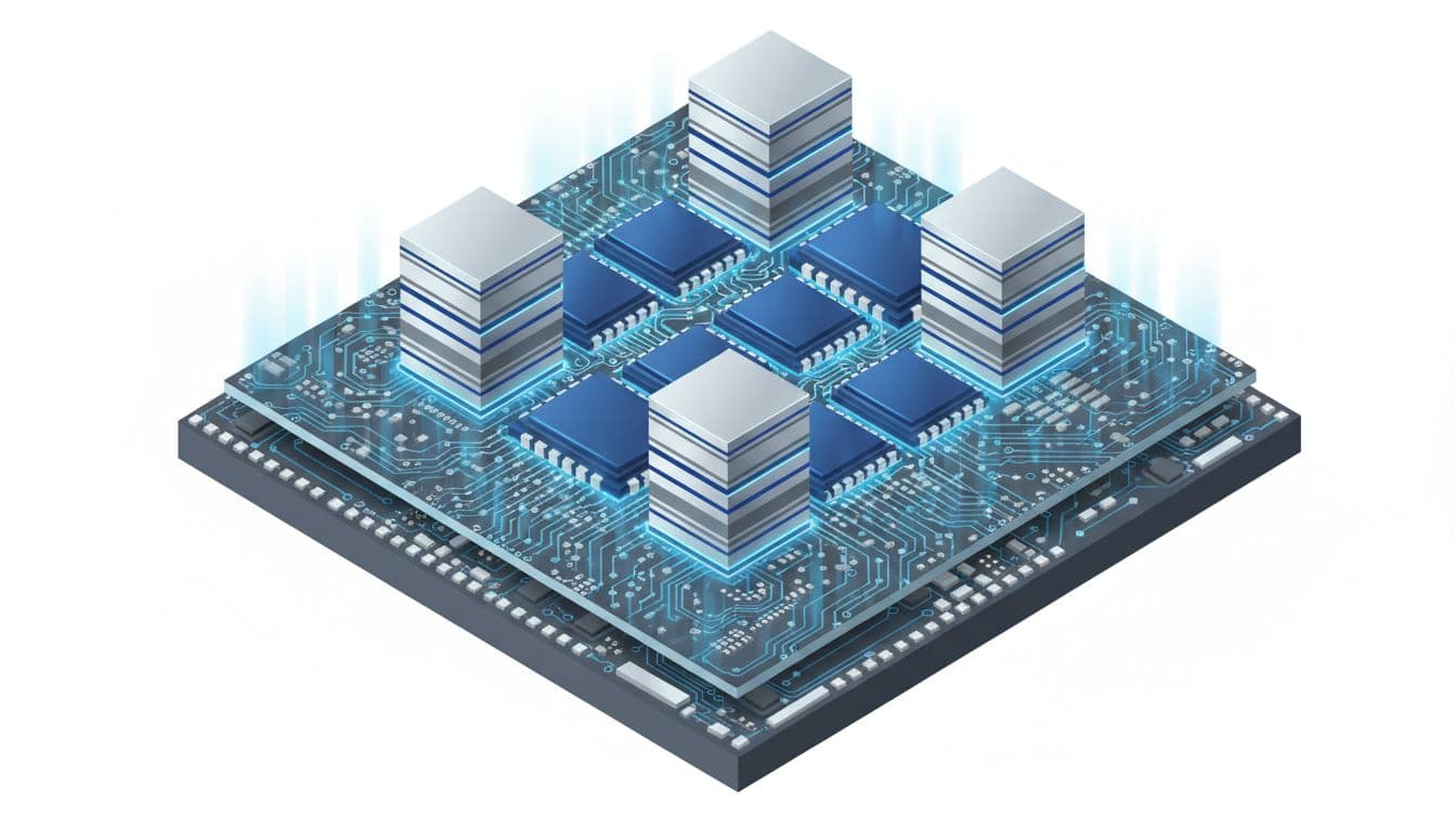 Modern isometric illustration of a high-performance AI chip package, cutaway to reveal multiple dies bonded with HBM stacks on an organic interposer and substrate. Technical diagram style in blues, silvers, and greys with subtle glows on connections.