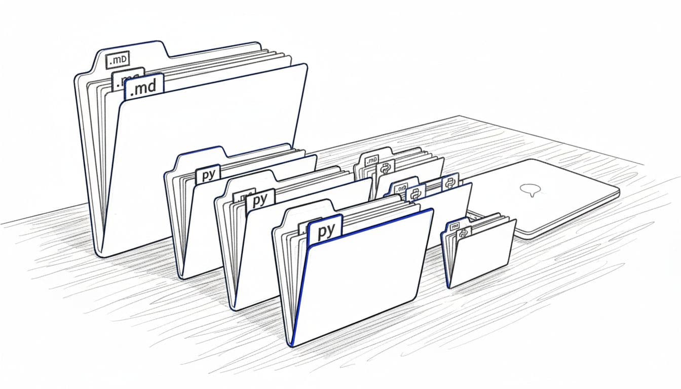 Hand-drawn graphite sketch of nested open file folders on a desk revealing hierarchical markdown (.md) and Python (.py) files for AI task routing, with blue highlights on tabs and edges, and one closed laptop nearby.