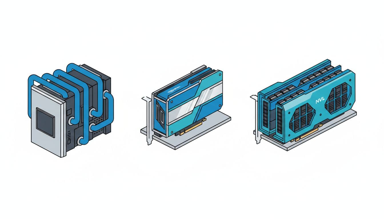 Modern illustration comparing three NVIDIA H100 GPU variants: SXM5 server module, PCIe single-slot card, and NVL dual-slot card in clean blue tones.