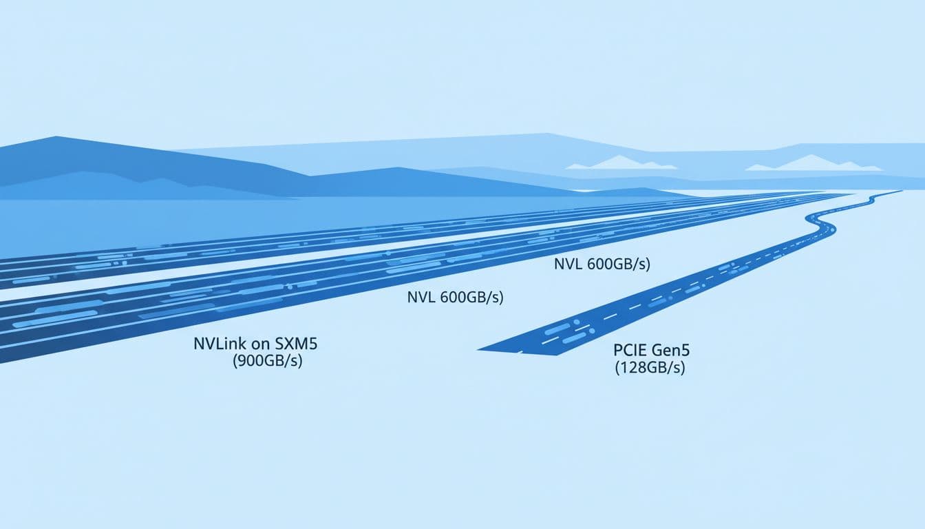 Modern illustration in controlled blue tones using clean shapes and strong composition, depicting GPU interconnects as a wide multi-lane highway for NVLink on SXM5 and NVL, contrasted with a narrow single-lane road for PCIe Gen5. Exactly three paths side by side in landscape orientation, no text, numbers, people, or detailed vehicles.
