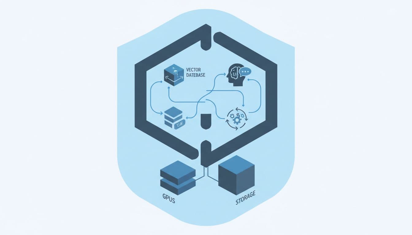 Modern illustration in clean shapes and blue-grey palette showing a secure private AI stack with vector database, LLM tools, GitOps workflow, GPUs, and storage in a unified environment.