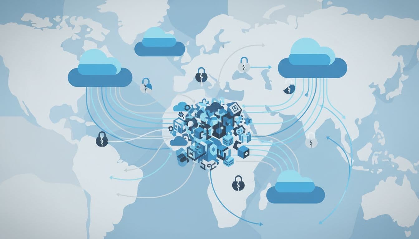 Modern illustration depicting scattered public cloud providers with data flows crossing borders, broken locks symbolizing vendor lock-in and policy gaps, and chaotically overlapping multi-cloud tools. Exactly three cloud icons in a clean blue and grey palette with soft even lighting.