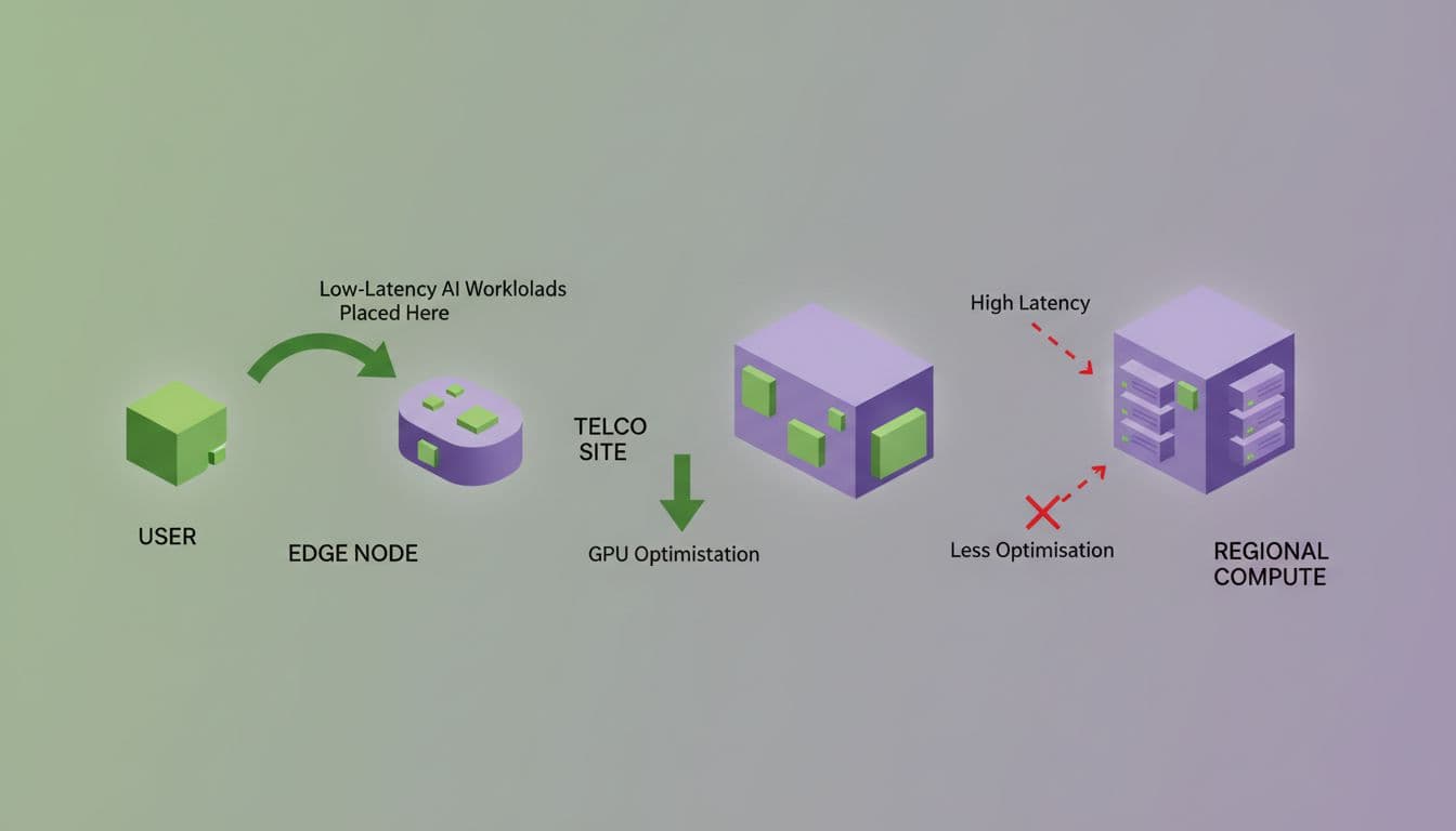 Modern illustration depicting low-latency AI workloads at edge nodes near users versus regional compute and telco sites, with arrows showing placement decisions, using clean shapes in green and purple colors.