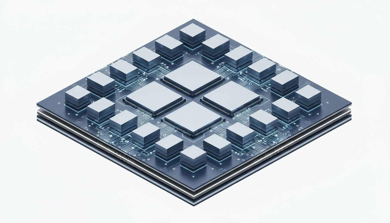 Detailed isometric 3D illustration of TSMC CoWoS L packaging, featuring two central silicon compute dies surrounded by twelve high-bandwidth memory stacks on a silicon interposer and substrate.