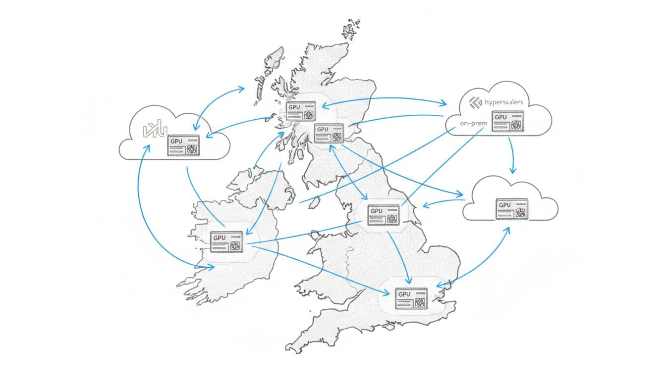 Hand-drawn graphite sketch of simplified UK map with GPU servers connected across cloud symbols by arrows showing flexible compute flow without vendor lock-in, highlighted sovereign borders, and blue accents.
