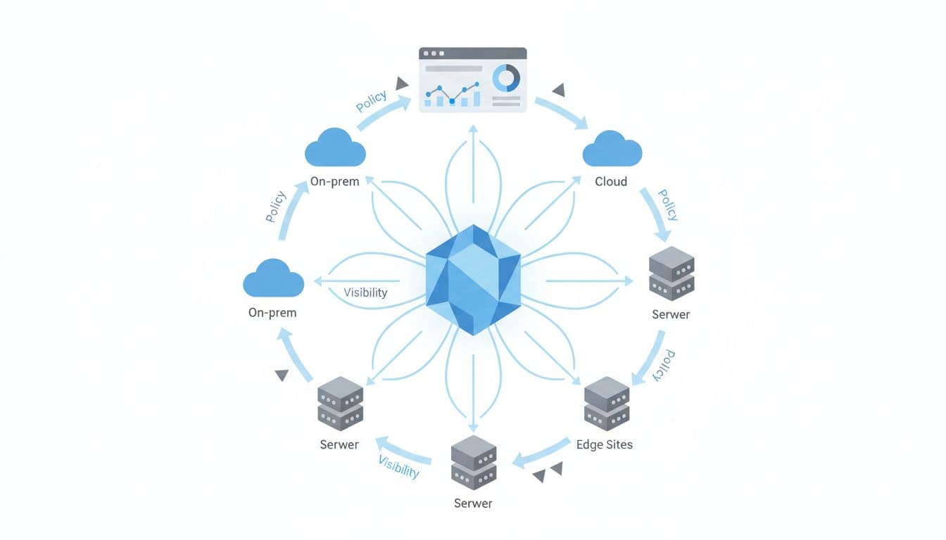 Modern abstract illustration featuring a central control plane hub connecting cloud icons, on-prem servers, and edge sites with unified arrows for policy and visibility, overseen by a single dashboard.