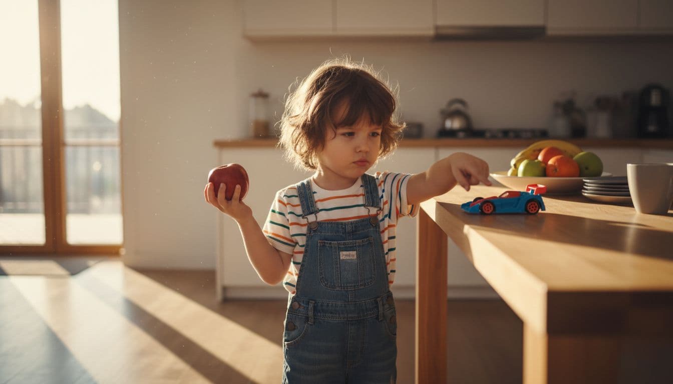 Young child stands in kitchen and learns about money and financial lessons from her parents