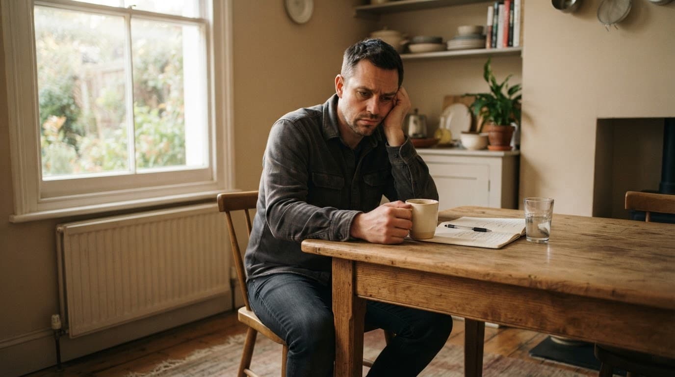 A tired father sits alone at a wooden table in warm window light.