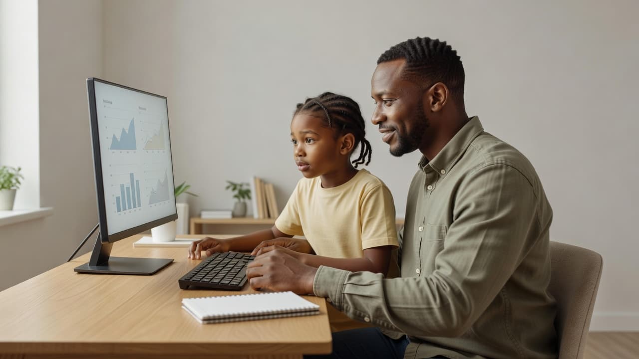 A Black father and child look at financial graphs on a computer screen together.