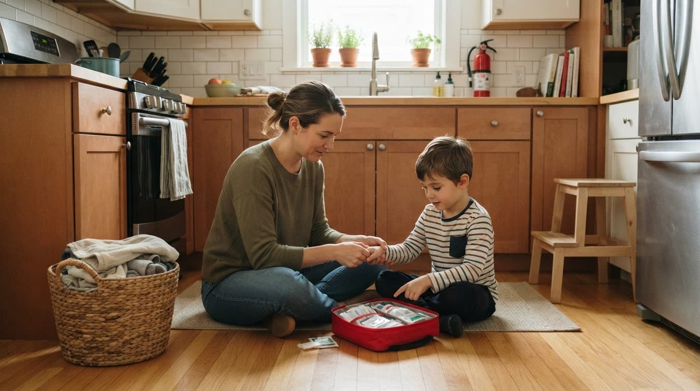 A parent and child practice safety skills in a bright kitchen with household safety items nearby.