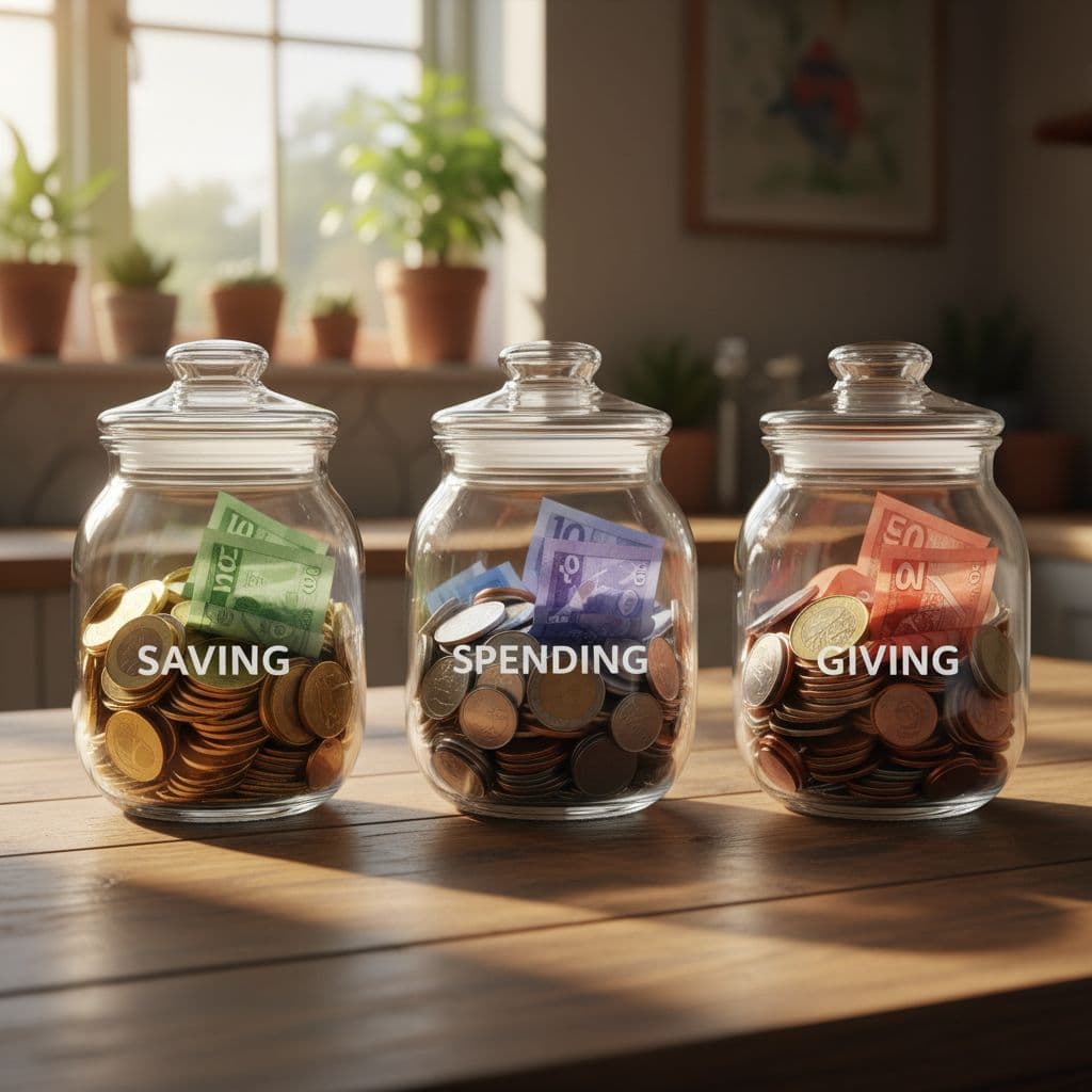 Three clear glass jars on sunny wooden table filled with colorful coins and bills.