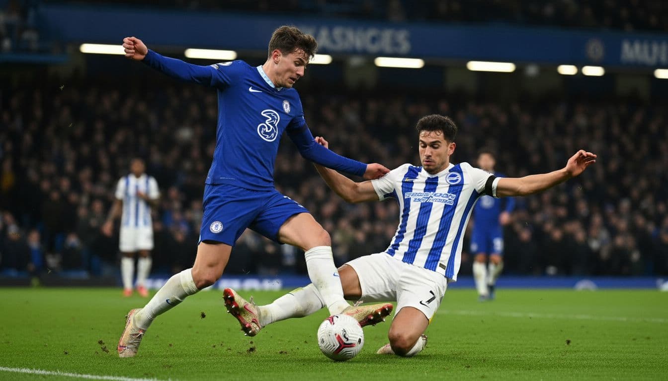 Two football players, one in blue Chelsea kit and one in striped Brighton kit, fiercely contesting a loose ball in midfield during a Premier League match at a packed floodlit stadium.