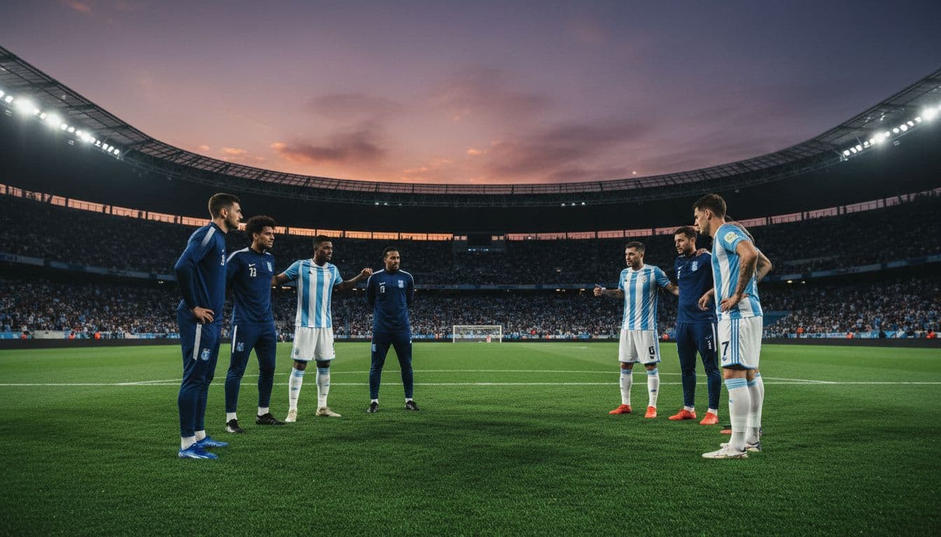 Brighton and Chelsea football players warming up on the vibrant green pitch before kickoff, forming a huddle with stadium stands filling with fans under an evening sky.