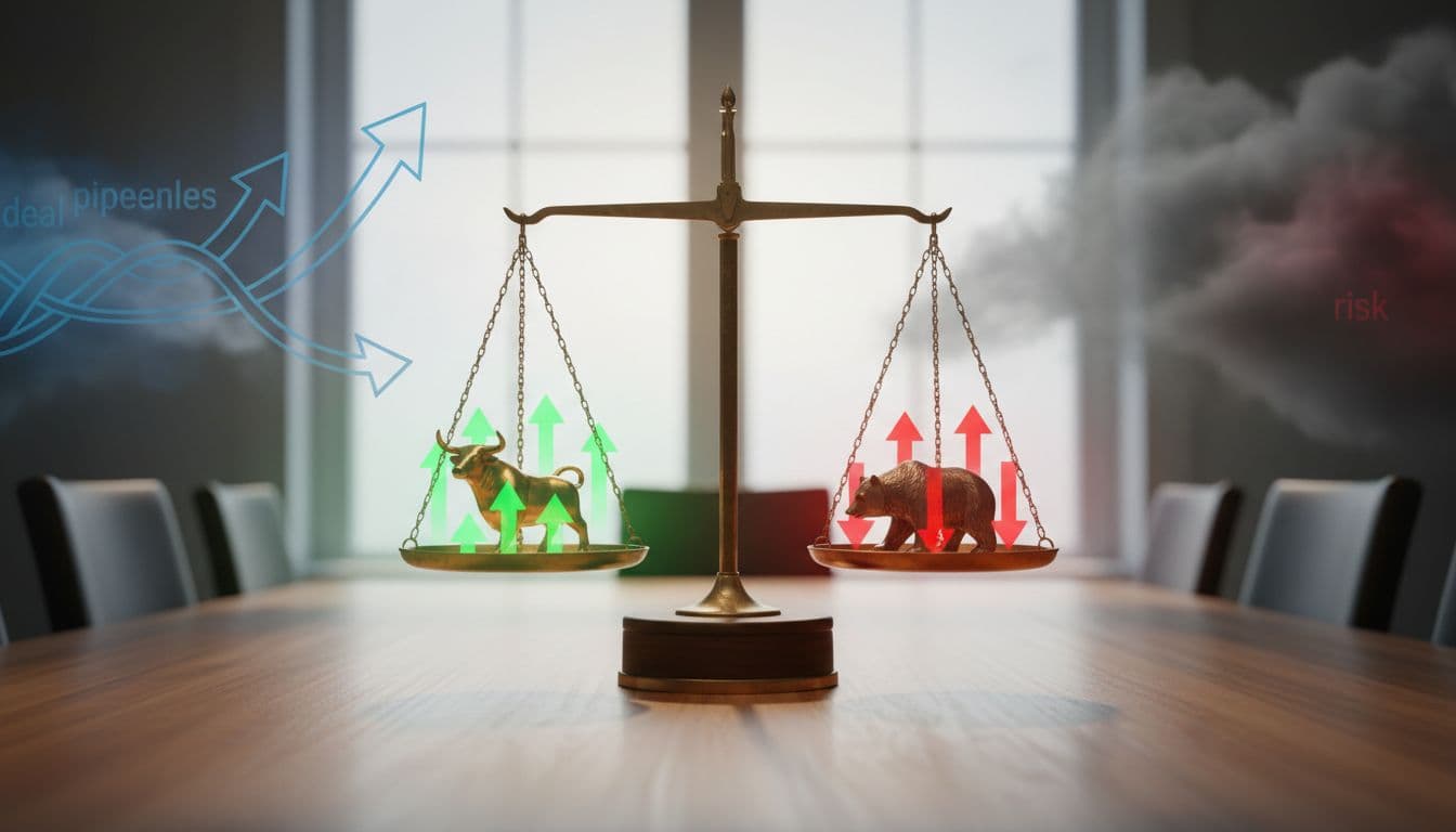 Photorealistic balanced scale on a wooden conference table with golden bull figurine and upward green arrows on the left pan, bear figurine and downward red arrows on the right, symbolizing bullish and bearish factors for HCL Tech share price prediction.