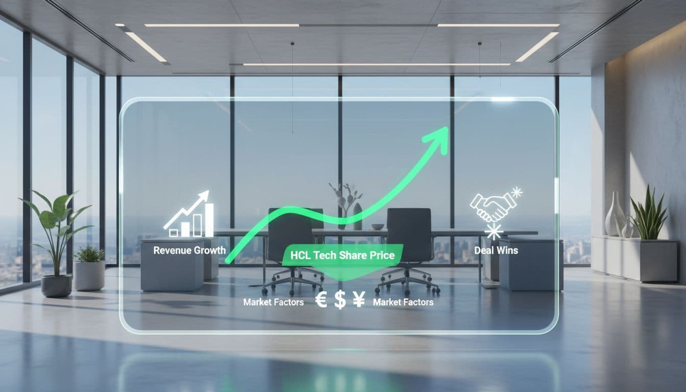Modern stock trading dashboard with a green rising line chart for HCL Tech share price, icons of revenue growth, deal wins, and currency symbols on a sleek office background.