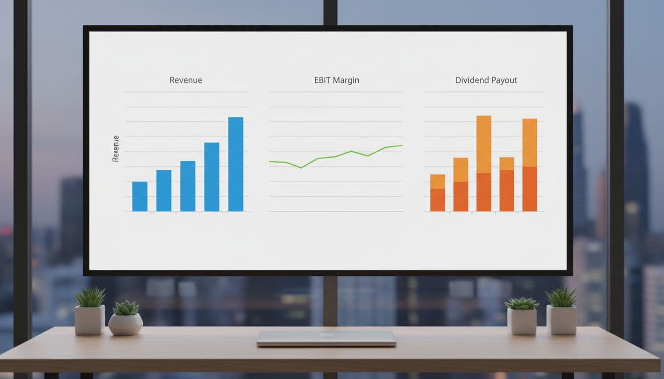A clean financial dashboard on a modern office desk featuring three charts: rising blue revenue bar graph, stable green EBIT margin line chart, and orange stacked dividend payout bars. Realistic illustration in landscape composition with professional lighting, no text, logos, people, or extra elements.