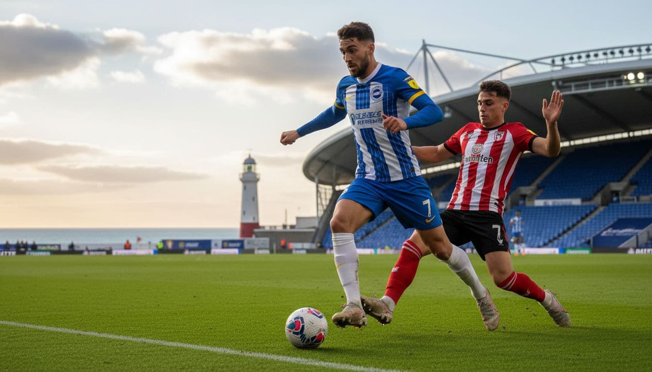 Close-up of a key winger dribbling down the flank past a defender in a Premier League game, emphasizing ball control and speed with a coastal stadium background hinting at Brighton and dynamic motion blur on legs.