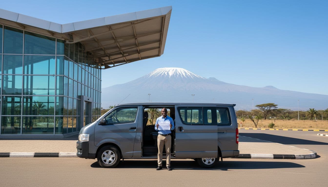 Modern taxi van waits outside Kilimanjaro International Airport arrivals terminal; driver holds sign, Mount Kilimanjaro in background.