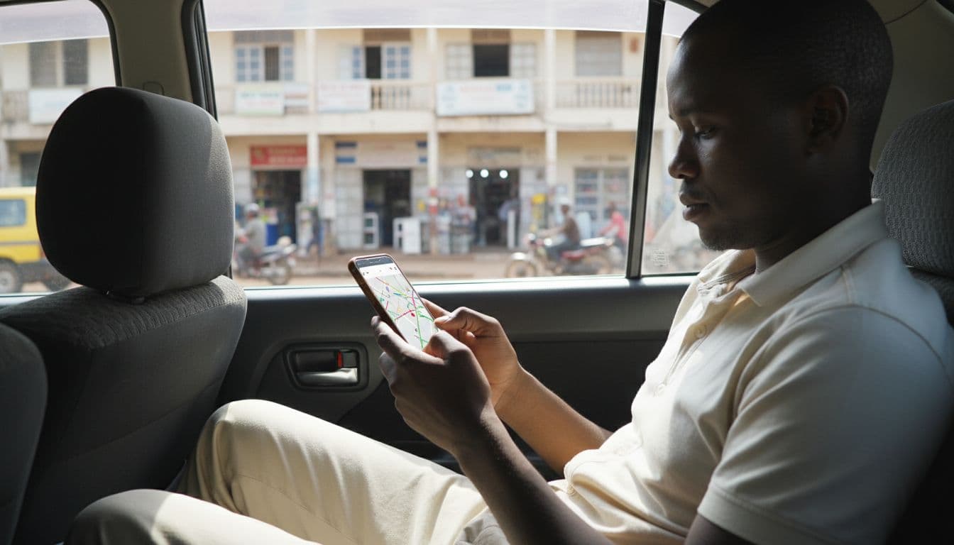 Person sits relaxed in back of Moshi taxi holding smartphone with ride-hailing app map, urban shops outside window.