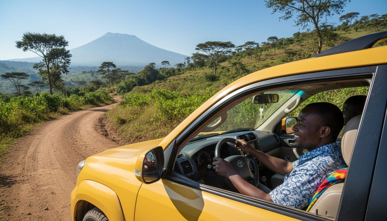 Taxi with local driver at wheel drives on winding road through green hills near Moshi, Tanzania.