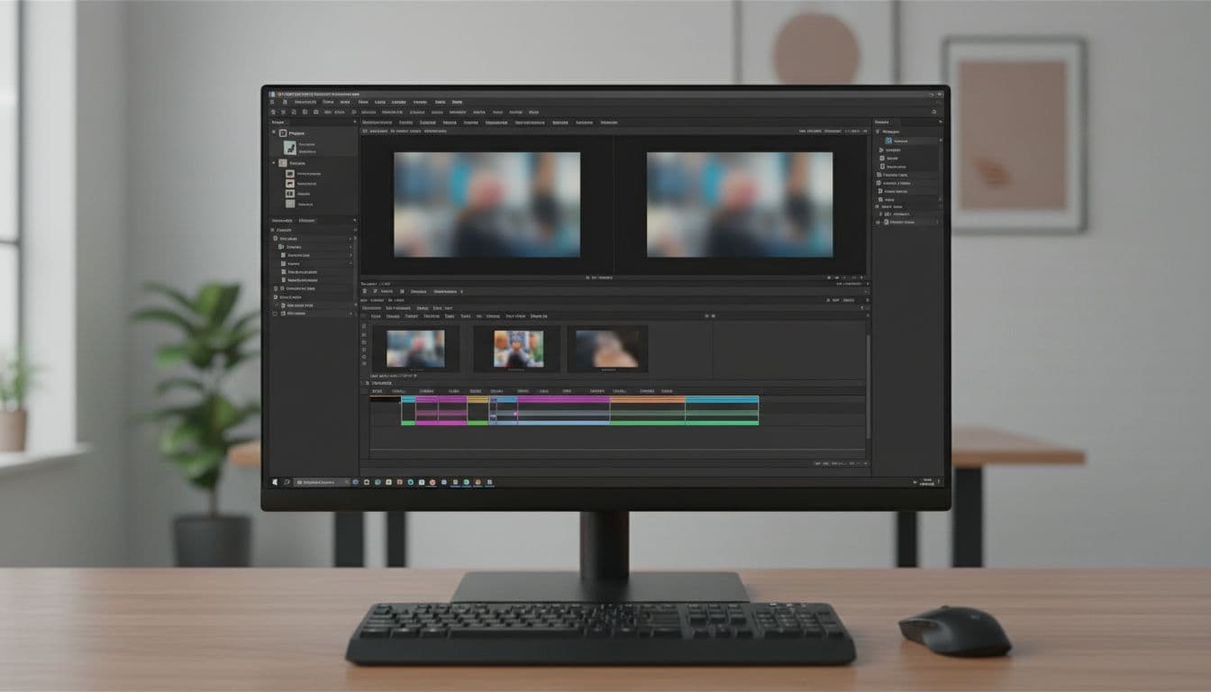 Clean Adobe Premiere Pro workspace on a single monitor showing Project panel, Source Monitor, Program Monitor, and Timeline with arranged video clips in a modern dark theme, integrated into a simple desk setup with keyboard and mouse under natural office lighting.