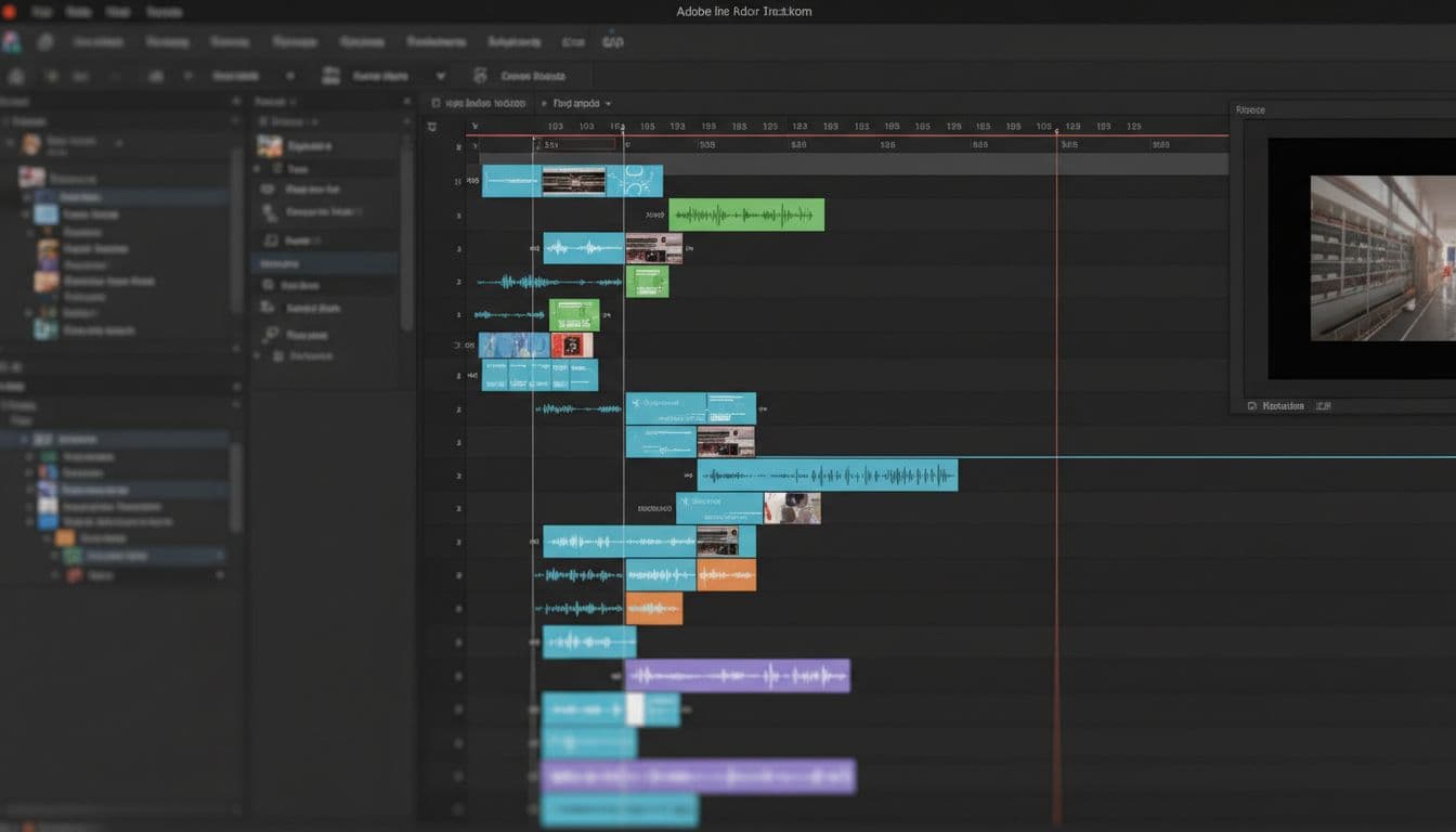 Close-up on Adobe Premiere Pro timeline showing video clips, audio tracks, cuts, and transitions in dark theme workspace with subtle screen glow.