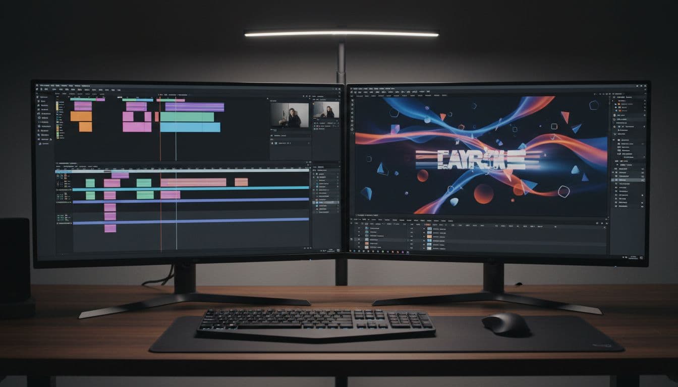 Side-by-side dual computer screens on a professional desk: left displays blurred Adobe Premiere Pro timeline with clips, right shows Adobe After Effects composition panel with animated text and shapes, realistic rendering under soft studio lighting.