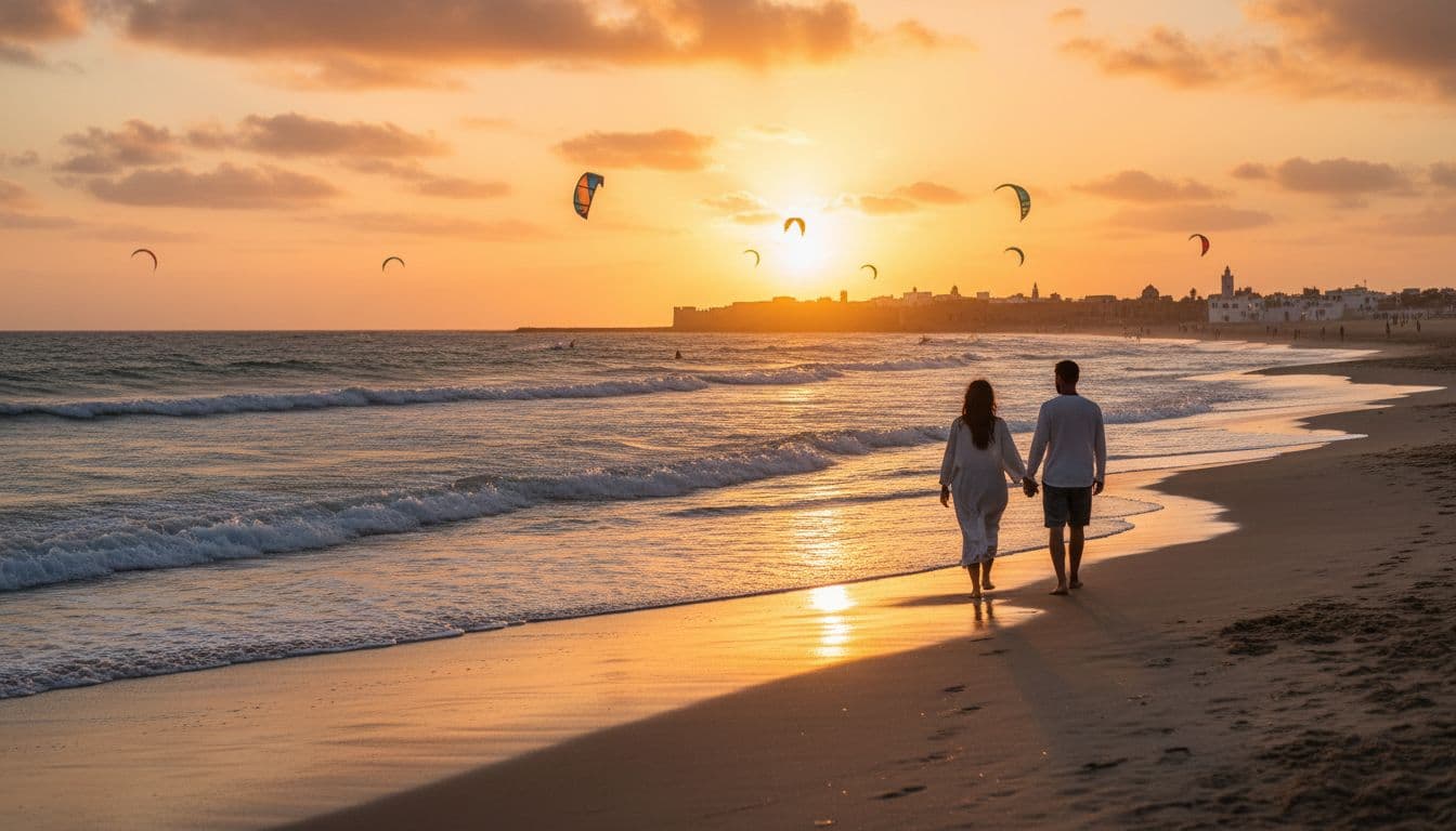 A couple walks hand in hand from behind along a sandy beach in Essaouira, Morocco, at sunset with Atlantic waves crashing, distant whitewashed ramparts, and kitesurf sails on the water under a warm orange sky.