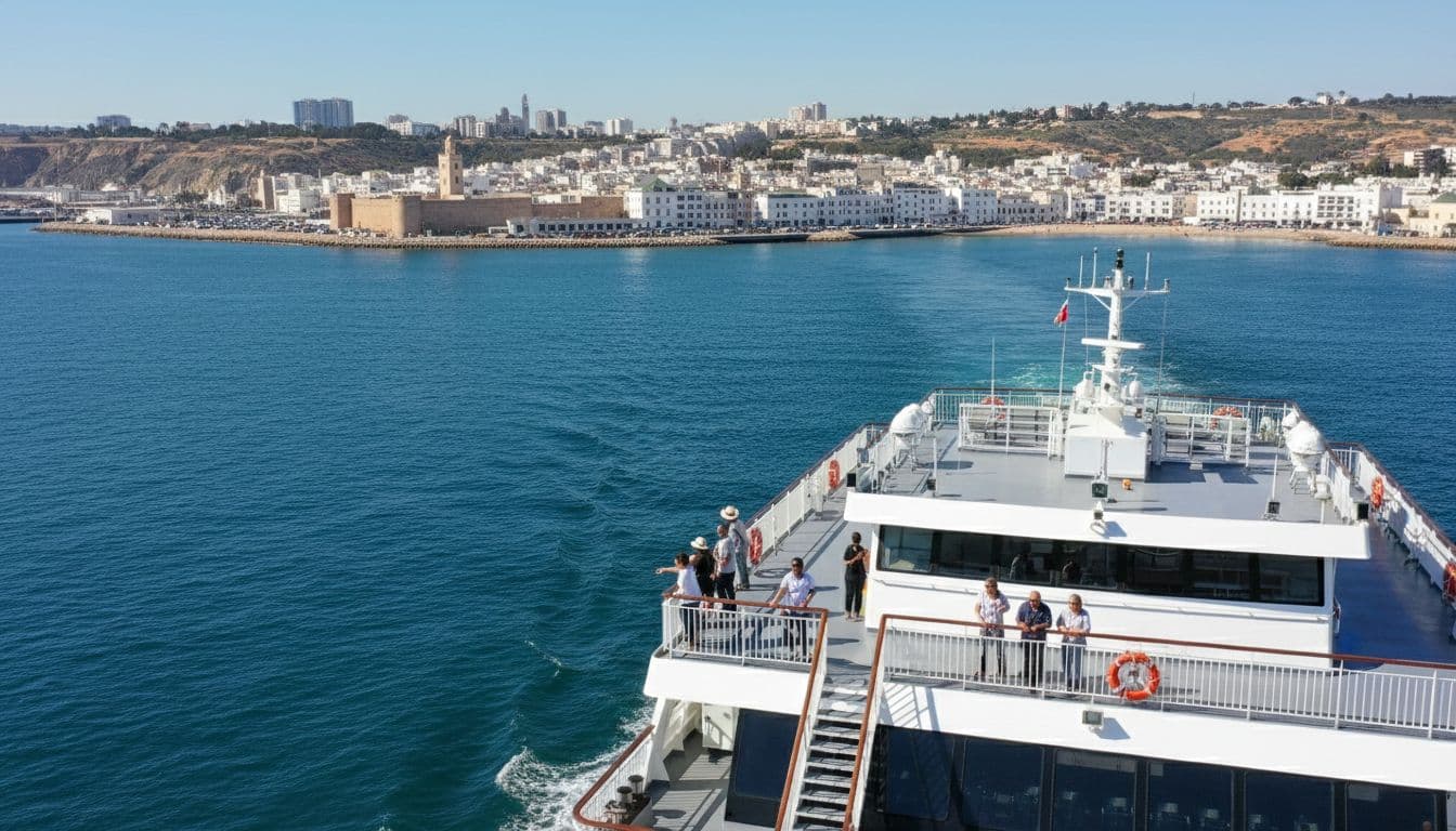 Modern passenger ferry boat approaching Tangier port from the sea amid blue waters, with passengers on deck viewing the city skyline and nearby coastal cliffs, bright daytime realistic photo.