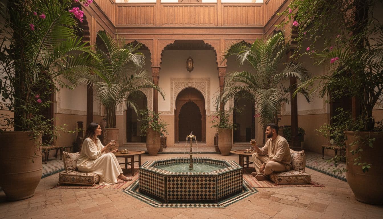 Morocco Honeymoon Tours A cozy Moroccan riad courtyard with a central fountain, lush green plants, terracotta tiled floors, and soft afternoon light from an open roof. A couple sits relaxed on low cushions sharing tea in an intimate, romantic atmosphere; photorealistic, high detail, exactly two people.