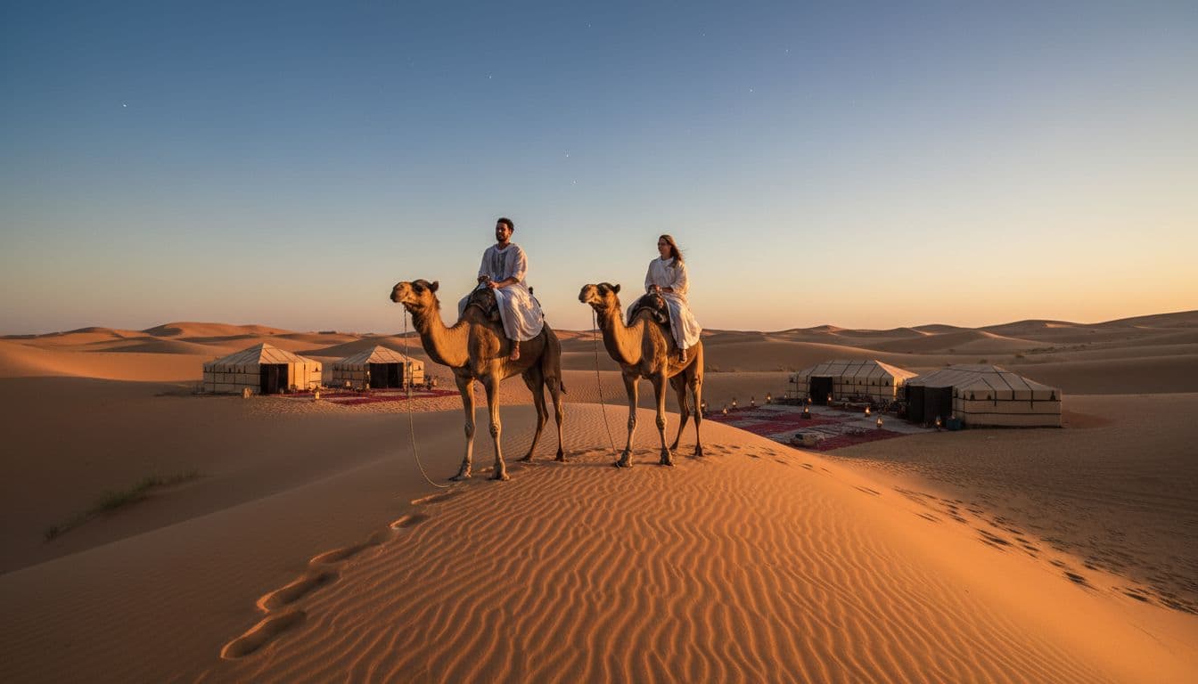 A couple on two camels rides side by side during a romantic sunset in the Sahara desert, with golden rolling dunes, luxury Berber camp tents glowing with lantern light, and first stars in the clear sky.