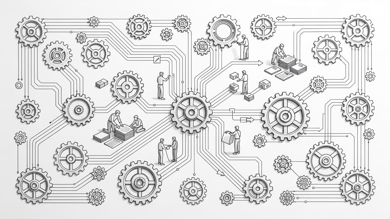 A graphite sketch displays complex interlocking gears connected by thin lines. Tiny human-like figures manipulate these mechanical components while sorting scattered digital document icons across the clean white background surface.