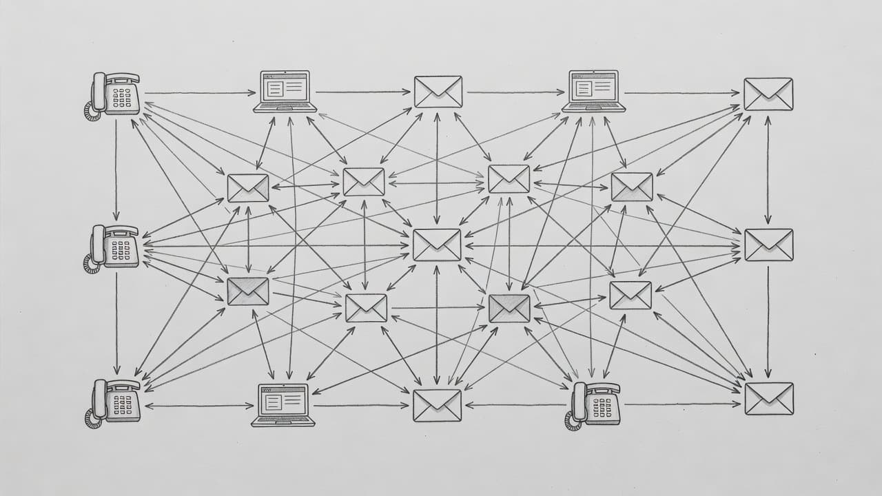 A graphite drawing on gray paper features various business icons linked by fine lines. The detailed arrangement demonstrates how scattered software tools integrate into a singular, cohesive information flow system.