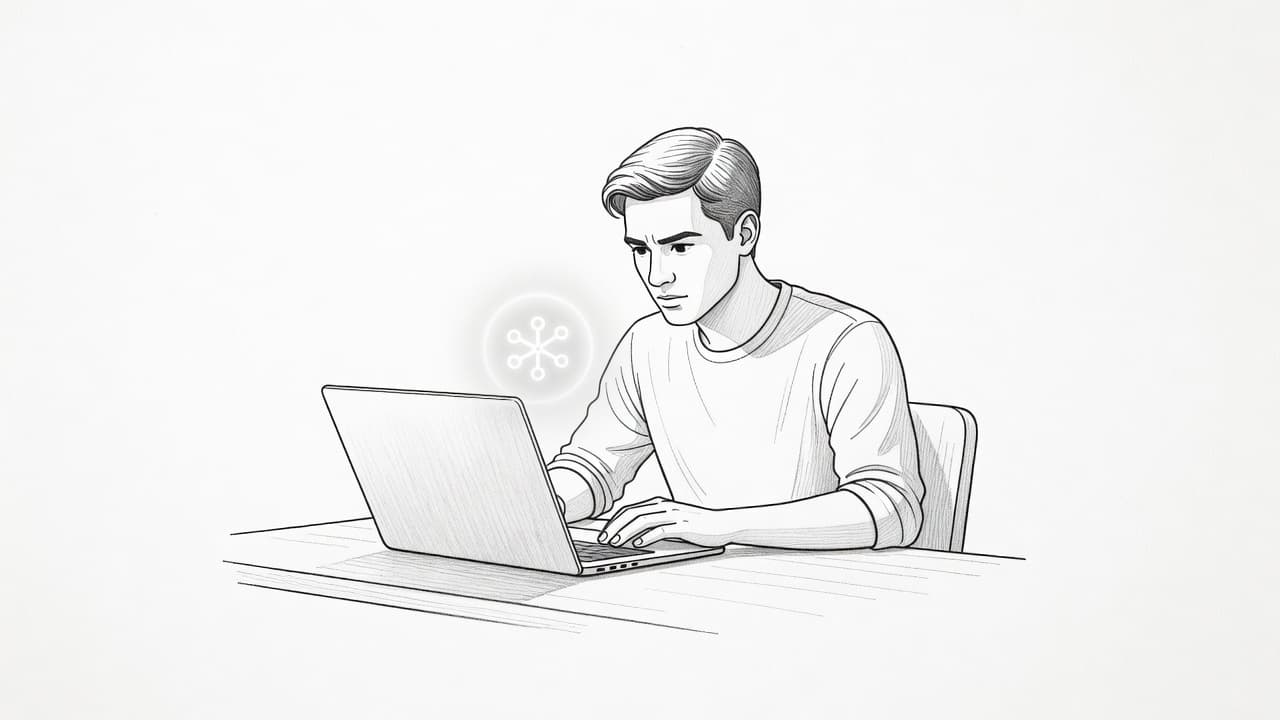 A detailed graphite sketch displays a seated person observing a glowing interface on their desk. Their hand rests calmly on the surface while they contemplate the illuminated digital task presented before them.
