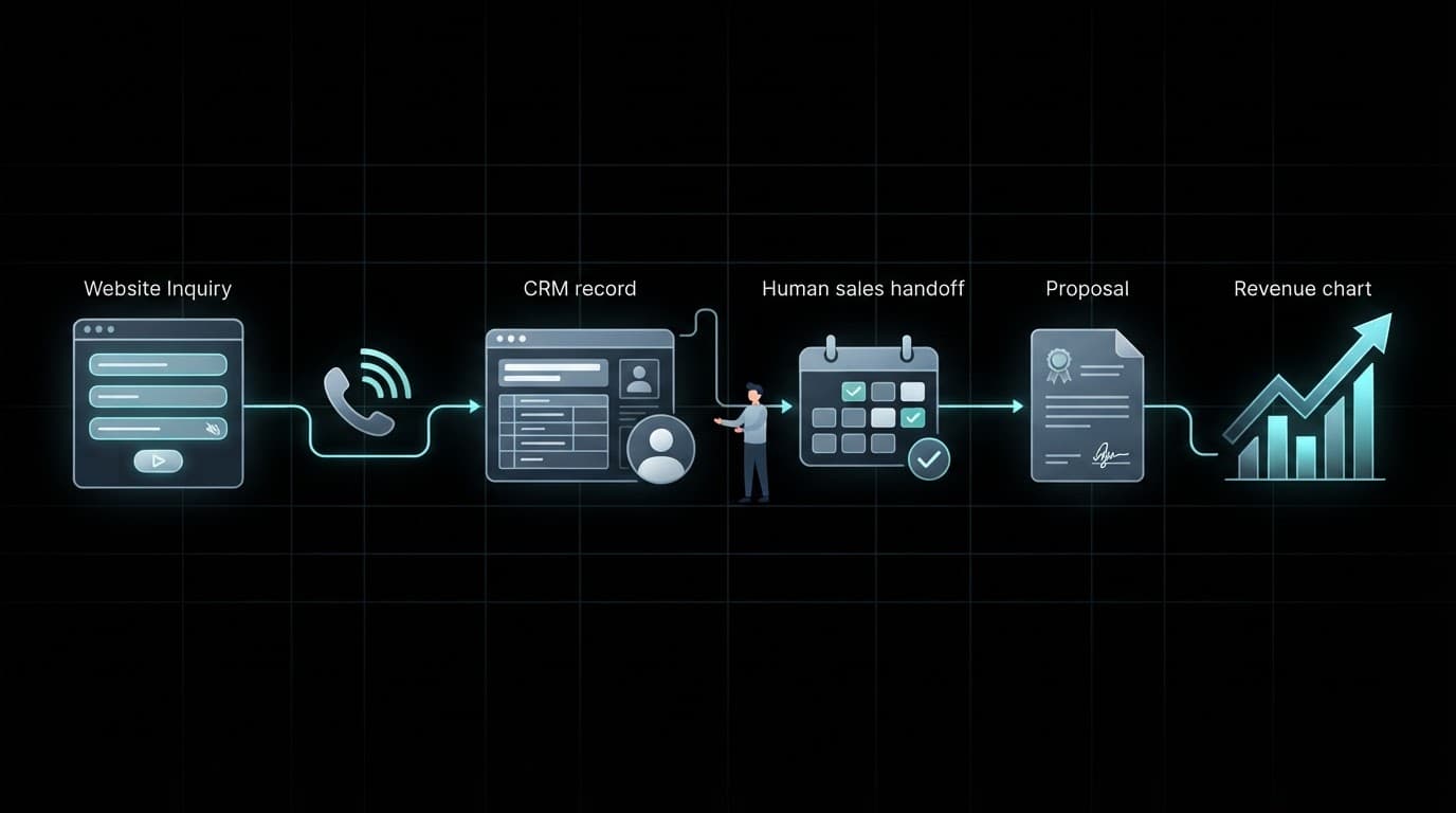Cyan lines connect a website form, CRM, sales handoff, calendar, proposal, and revenue chart.