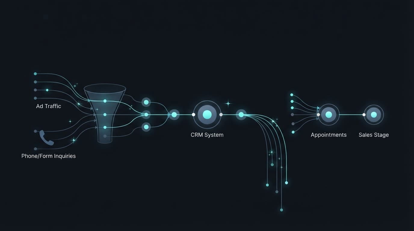 Cyan inquiry signals flow toward a CRM, with some dropping through a gap before appointments.