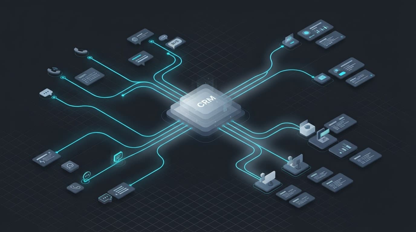 Signals from phone, web, SMS, and chat flow through a CRM to sales owners.